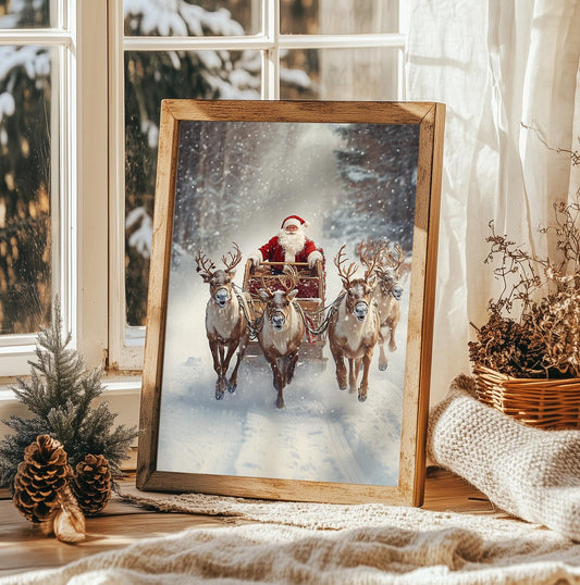 Santa’s Sleigh Ride with Reindeer Art Print - Festive Christmas Wall Decor, Vintage Holiday Scene, Xmas Gift, Rustic Winter Wonderland