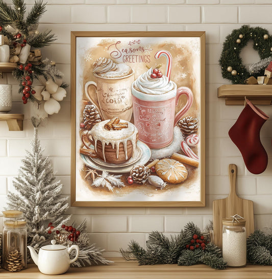 Season’s Greetings Hot Cocoa Art Print - Christmas Kitchen Decor, Vintage Holiday Wall Art, Cozy Winter Sign, Festive Xmas Gift