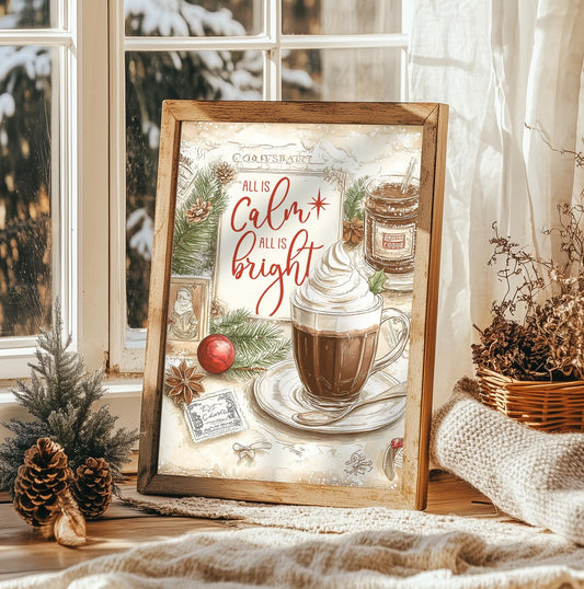 All is Calm, All is Bright Hot Cocoa Art Print, Christmas Kitchen Decor, Vintage Holiday Wall Art, Cozy Winter Sign, Xmas Gift, Rustic Charm