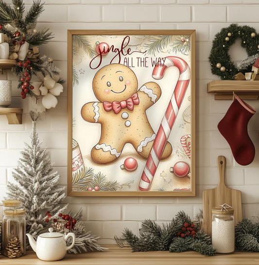 Jingle All the Way Gingerbread Art Print - Christmas Kitchen Decor, Festive Holiday Wall Art, Cozy Xmas Sign, Vintage Charm, Rustic GifT