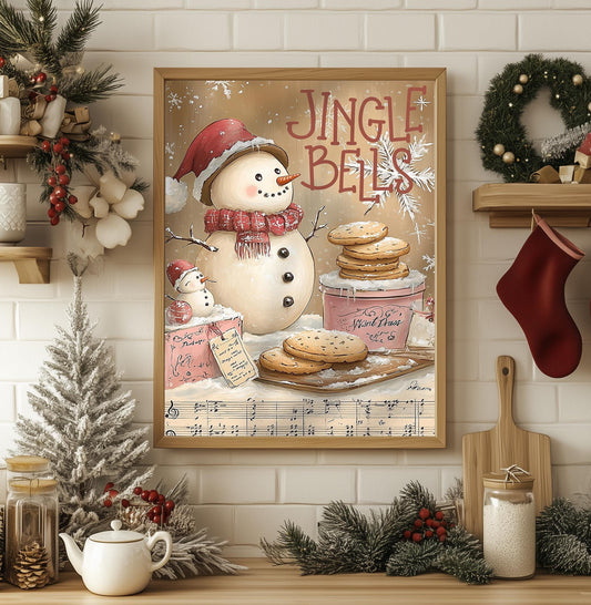 Jingle Bells Snowman Art Print - Christmas Kitchen Decor, Vintage Holiday Wall Art, Cozy Winter Sign, Festive Rustic Gift, Xmas Decor