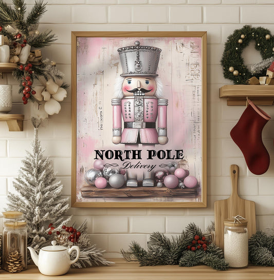 Pink Nutcracker Christmas Sign - North Pole Delivery Art Print, Vintage Holiday Decor, Retro Christmas Wall Art, Festive Gift, Rustic Charm