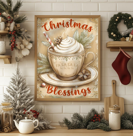 Christmas Blessings Hot Cocoa Sign - Festive Holiday Kitchen Art, Vintage Christmas Wall Decor, Rustic Christmas Print, Cozy Gift Idea