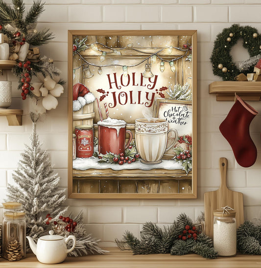 Holly Jolly Hot Chocolate Sign - Vintage Christmas Kitchen Decor, Cozy Holiday Art Print, Rustic Christmas Wall Art, Festive Gift Idea