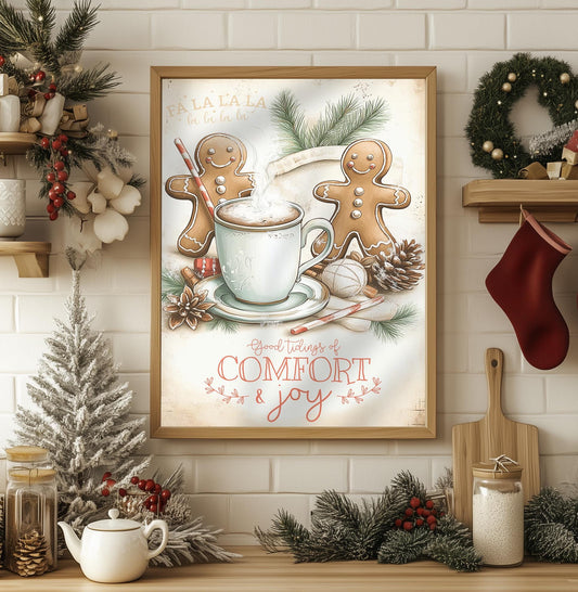 Comfort and Joy Christmas Print - Vintage Holiday Kitchen Art, Gingerbread man & Cocoa Decor, Rustic Winter Wall Art, Cozy Christmas Gift