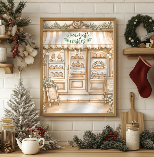 Warmest Wishes Christmas Bakery Print - Cozy Holiday Kitchen Art, Vintage Winter Decor, Festive Wall Art, Rustic Christmas Gift Idea