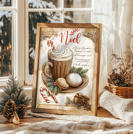 Noel Hot Cocoa Christmas Print - Vintage Holiday Kitchen Art, Cozy Winter Wall Decor, Festive Christmas Poster, Rustic Gift for Cocoa Lovers