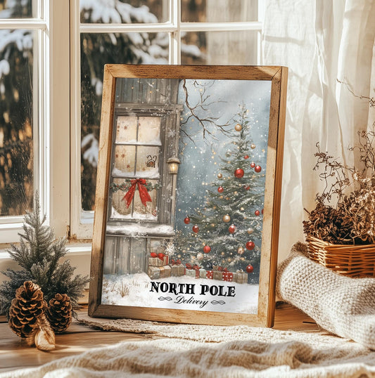 North Pole Delivery Christmas Print - Vintage Winter Scene Art, Festive Holiday Wall Decor, Rustic Christmas Poster, Seasonal Gift Idea