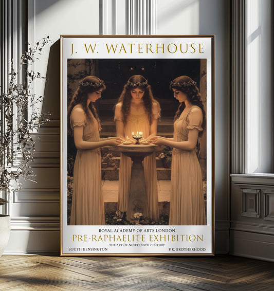 John William Waterhouse The Three Nymphs Art Print, Vintage Pre-Raphaelite Exhibition Poster, Romantic Wall Decor, Hesperides Art