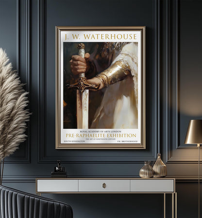 John William Waterhouse Print - The Knight's Sword, Vintage Pre-Raphaelite Exhibition Poster, Heroic Medieval Wall Decor, Gothic Poster
