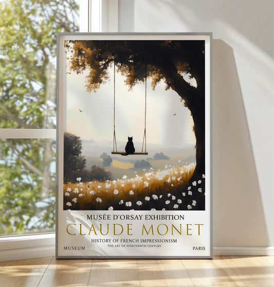 Claude Monet Cat Swing Print - French Impressionist Vintage Art, Museum Poster, Whimsical Landscape Wall Decor